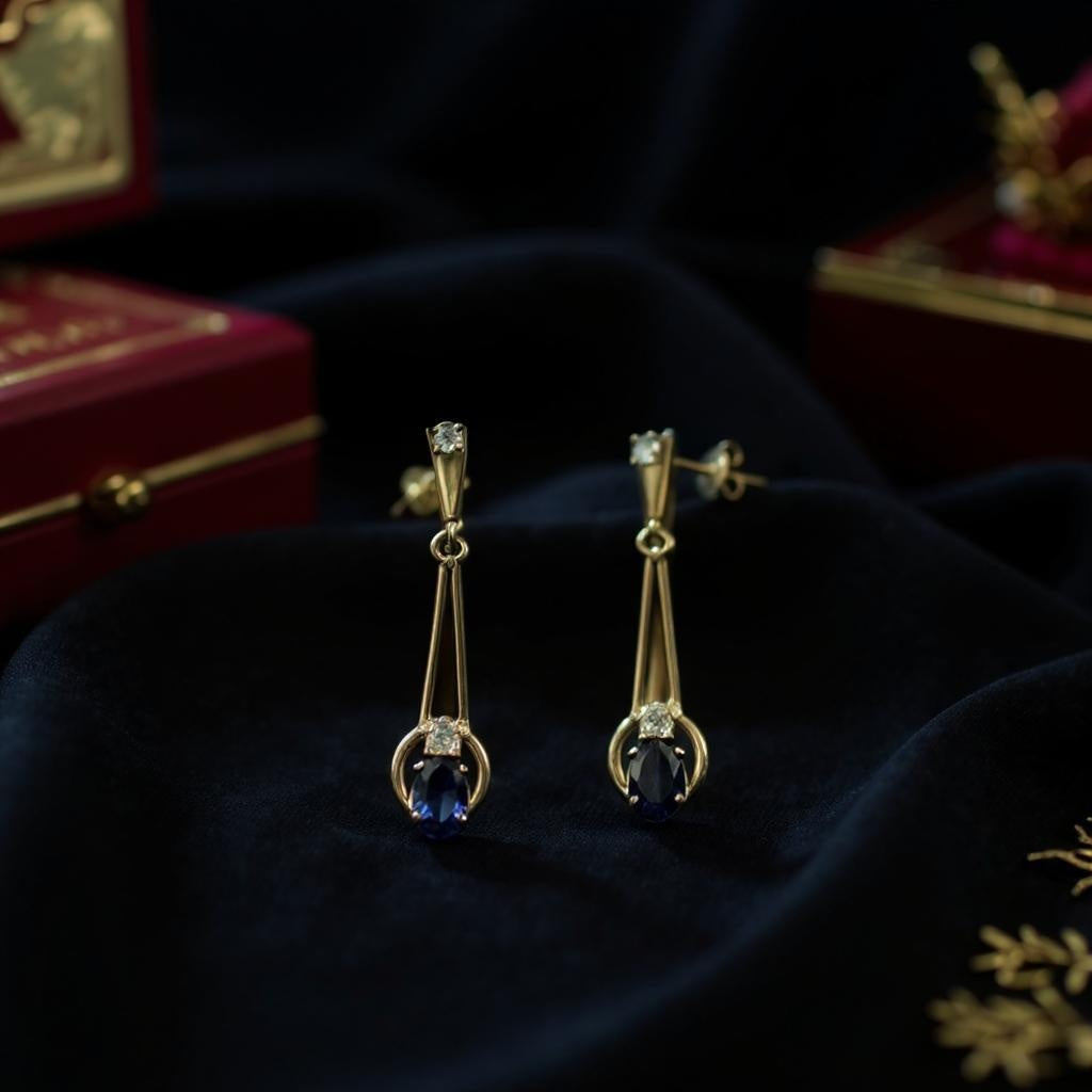 Elegant 18K yellow gold earrings with blue sapphires and white zirconia on black velvet background