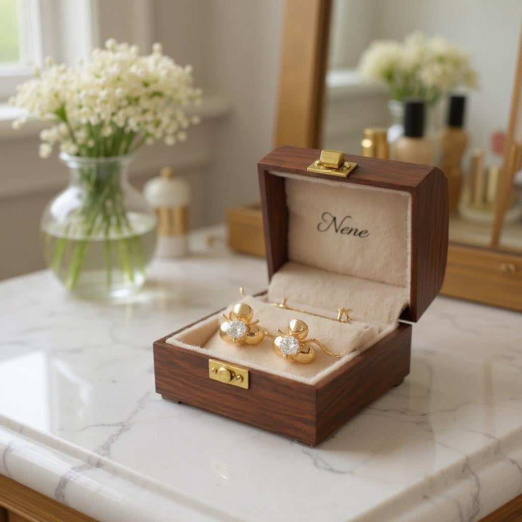 Elegant 18K yellow gold treble figure earrings with dazzling zircon in wooden jewelry box on marble surface