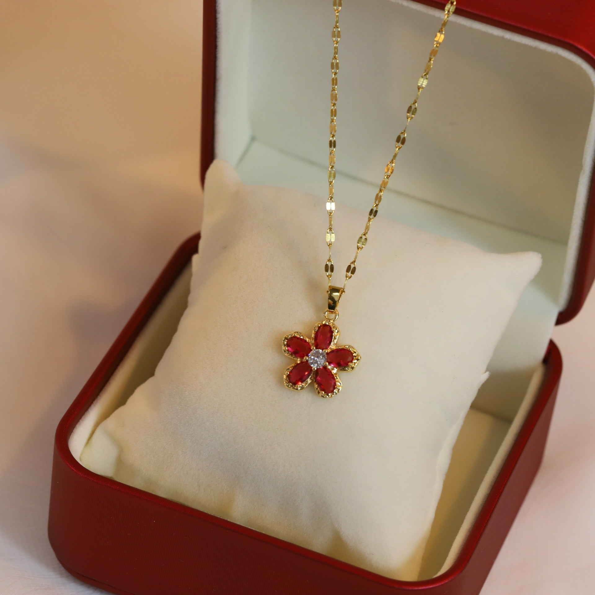Red Flower Pendant Real Gold Electroplated Necklace
