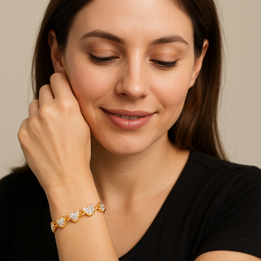 Womens 14K Yellow Gold Over Sterling Silver 1/5 CTW Diamonds 7 Inch Heart Linked Designer Bracelet