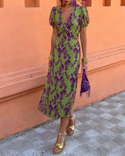 Abigail™ Chic Leaf Print V-Neck Dress