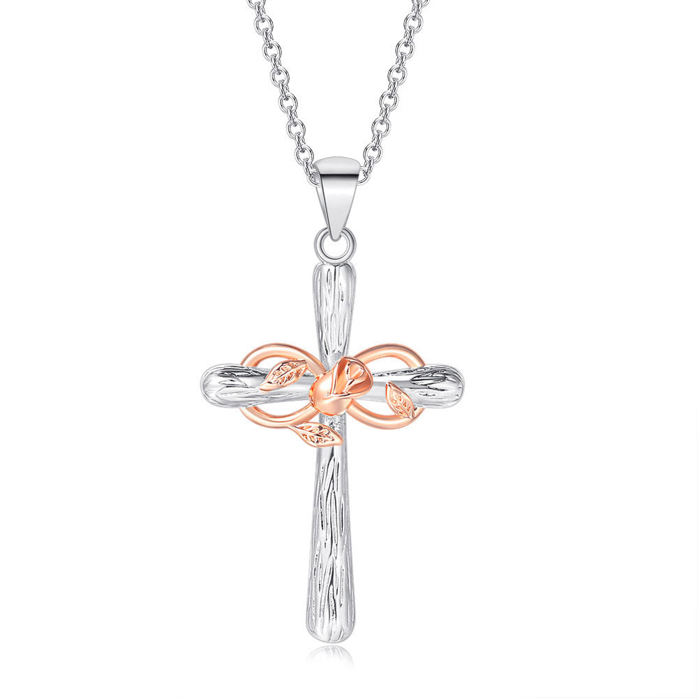 Faith Cross Rose Gold Flower Lucky 8 Charm Pendant Necklace