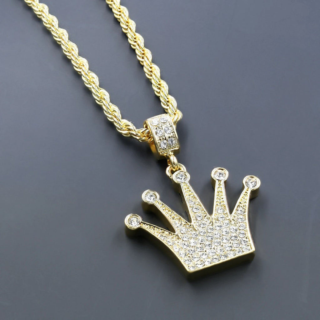 Stylish Men’s Yellow Gold Plated Iced Out Royalty Crown Necklace – 24"