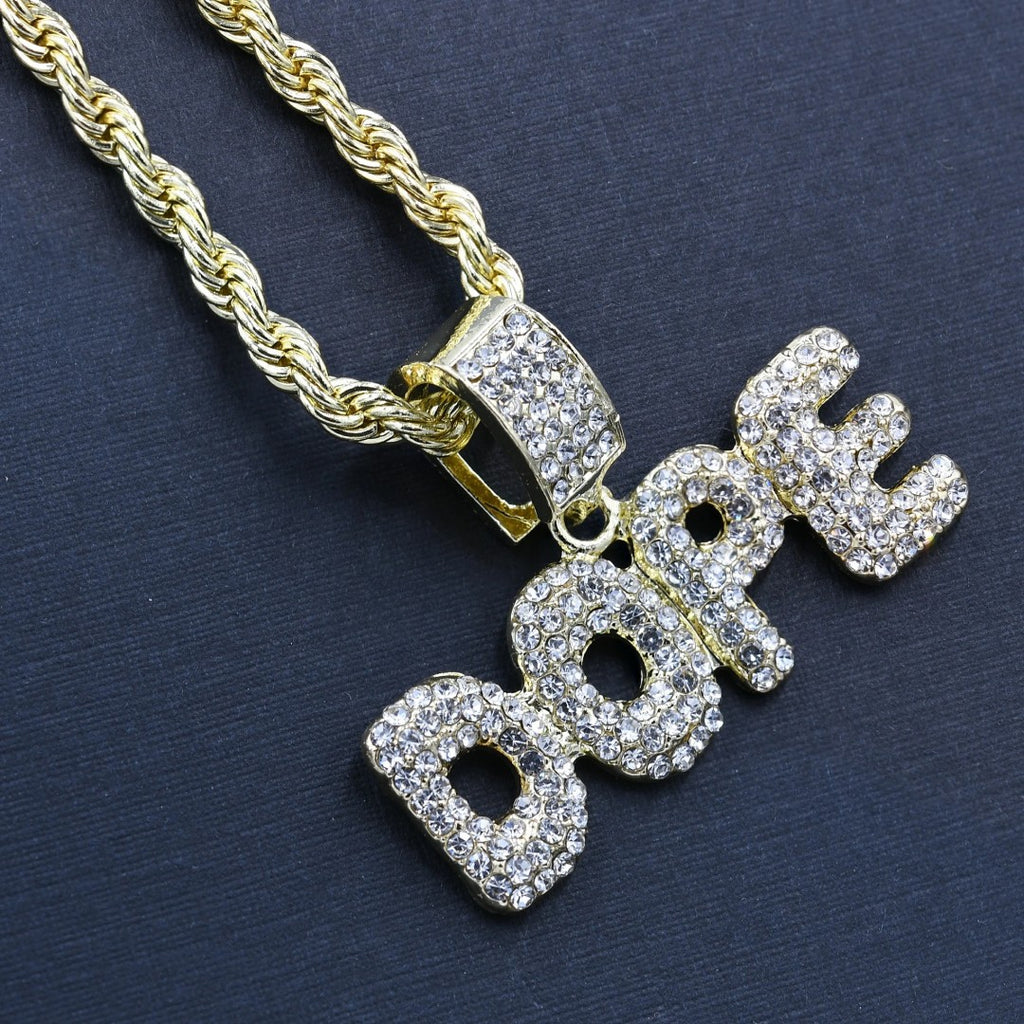 Stylish Mens Yellow Gold Plated - Iced Out DOPE - 24 Inch Designer Necklace