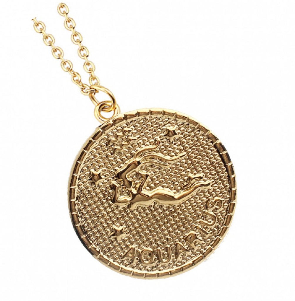 Celestial Women’s 14K Yellow Gold Over Stainless Steel Ascending Aquarius Medallion Necklace – 18"