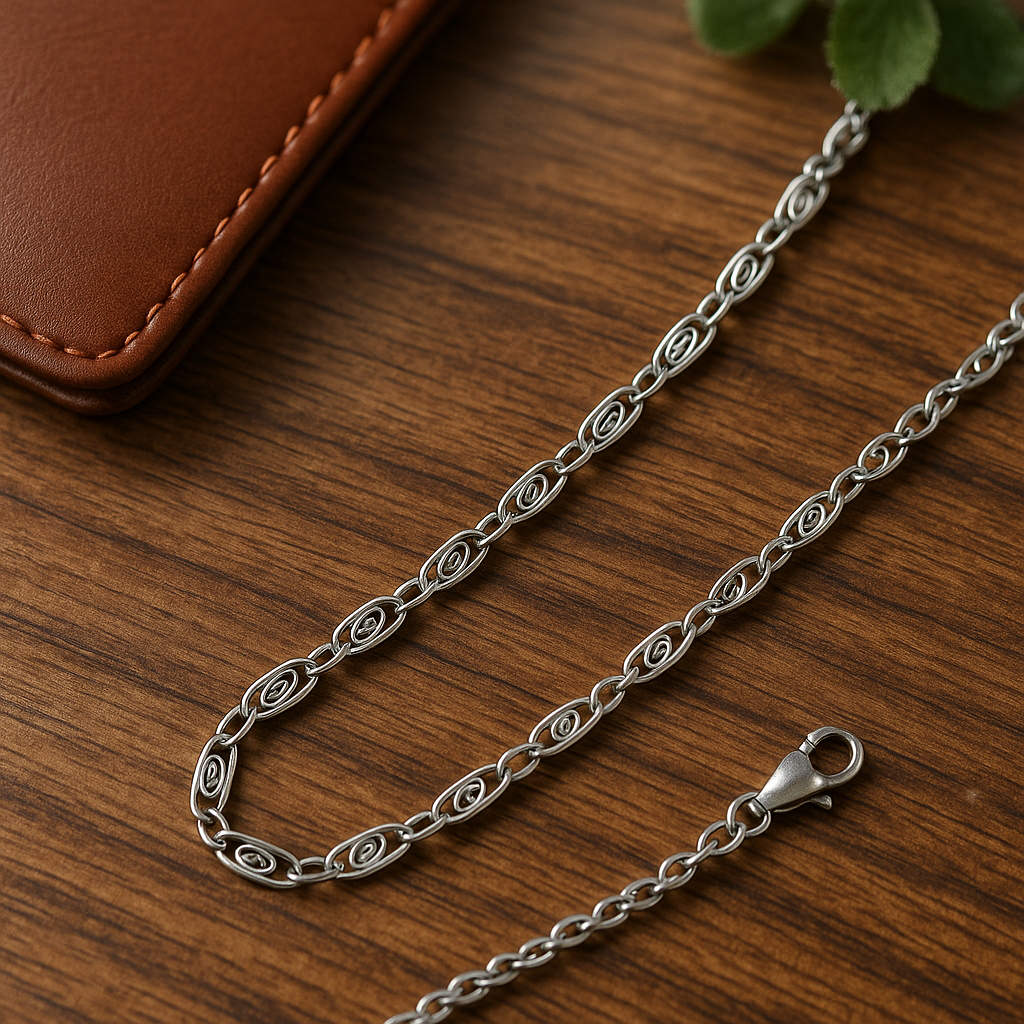 Luxury 18K yellow gold Peruvian-style Cartier necklace with double secure clasps on wooden surface