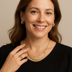 Woman wearing 14K gold-plated 3-piece diamond jewelry set with necklace, earrings, and ring totaling 2/5 carat diamonds