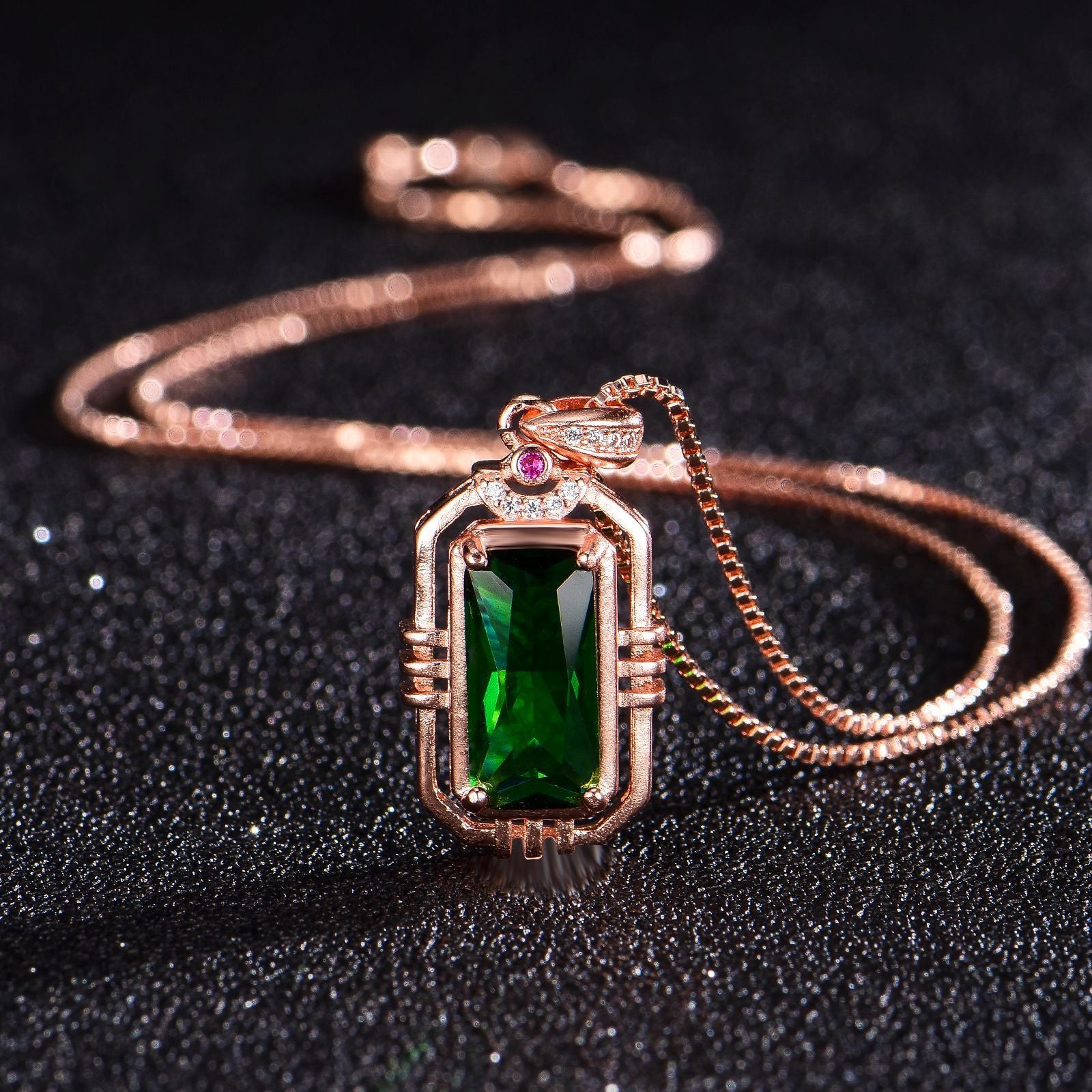 Rectangular Simulation Emerald 18K Rose Gold Color Treasure Pendant Necklace For Women