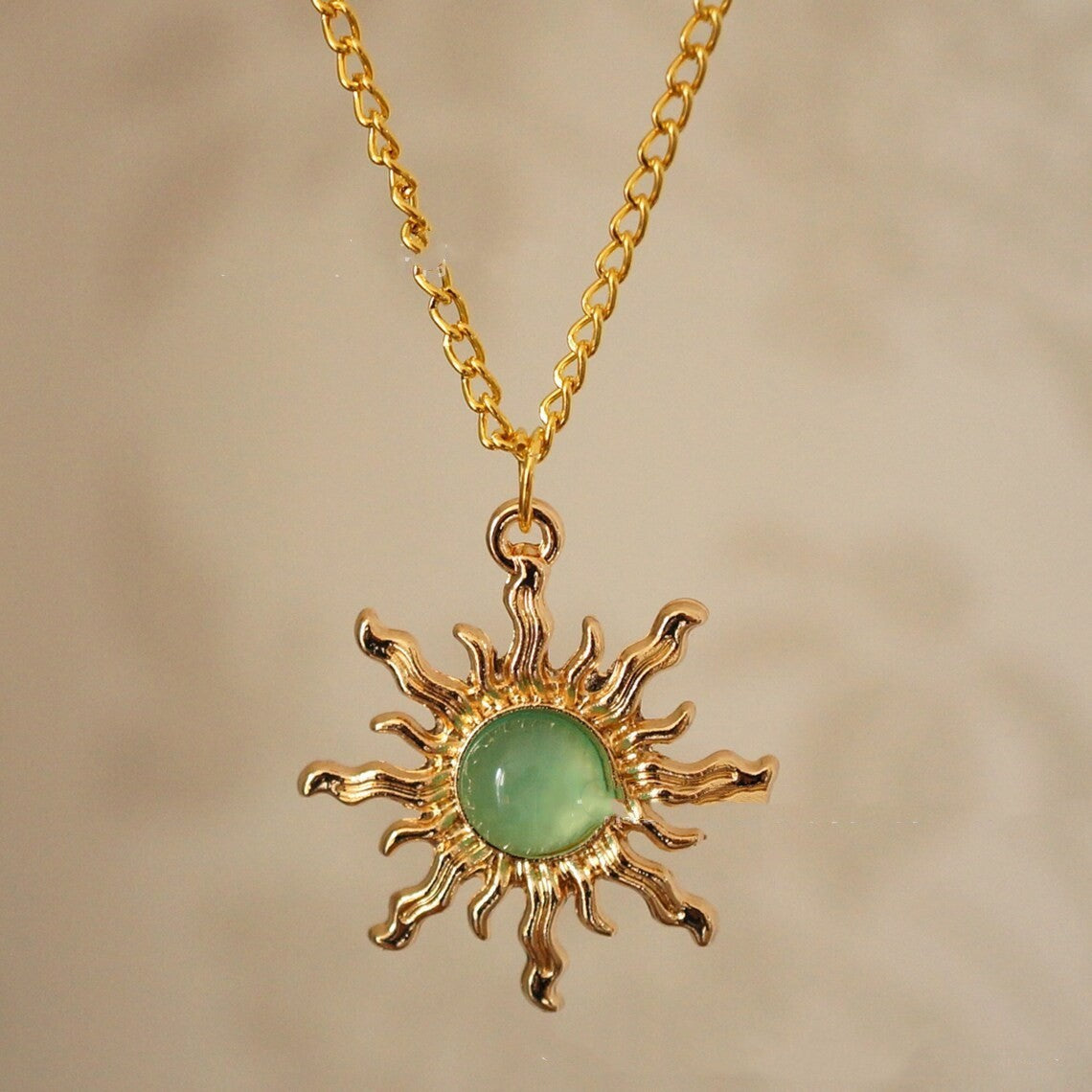 Gothic Cold Gold And Light Green Sun Necklace