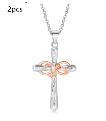 Faith Cross Rose Gold Flower Lucky 8 Charm Pendant Necklace