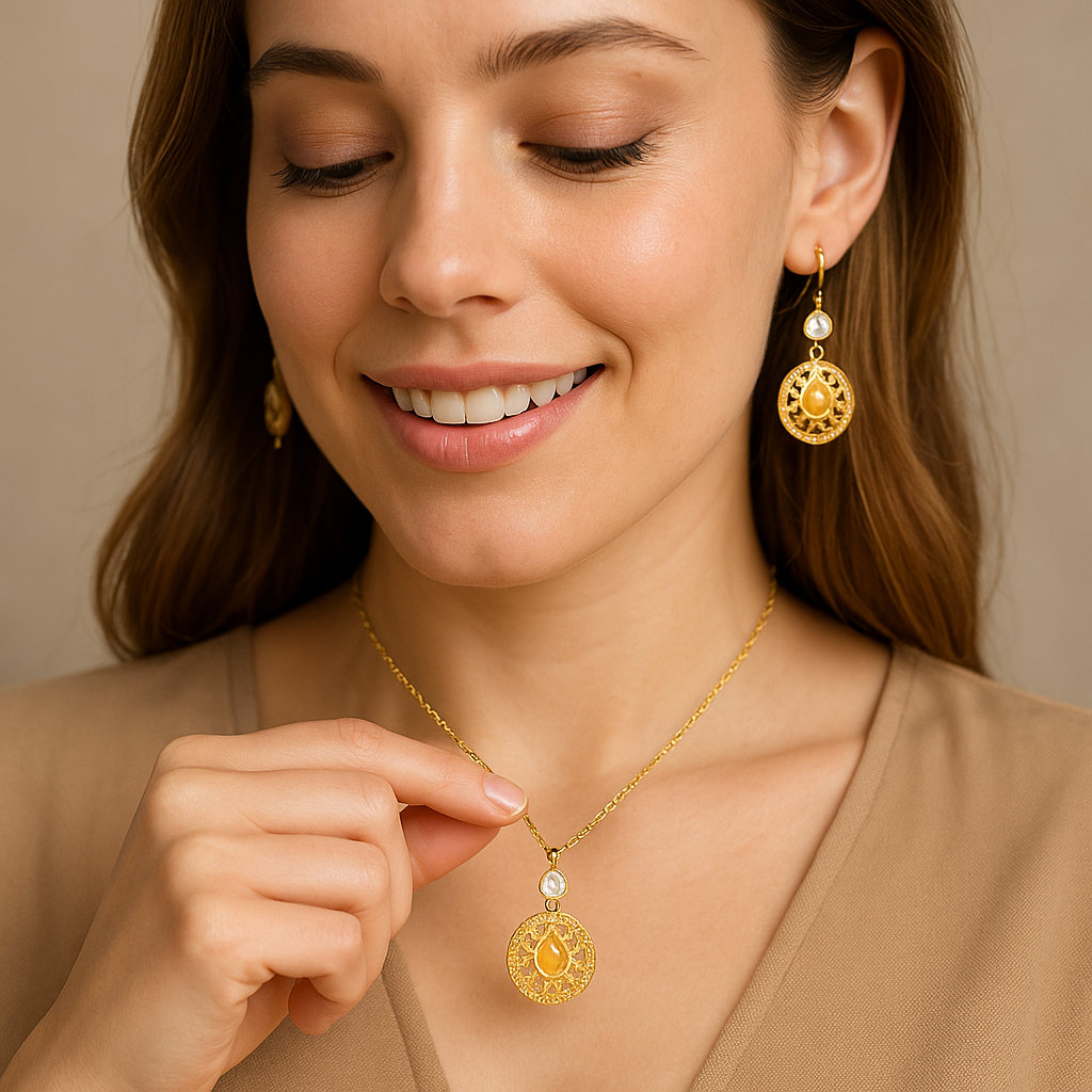 18K Yellow Gold Over Sterling Silver Diamond Opal Earrings and Necklace Designer Set