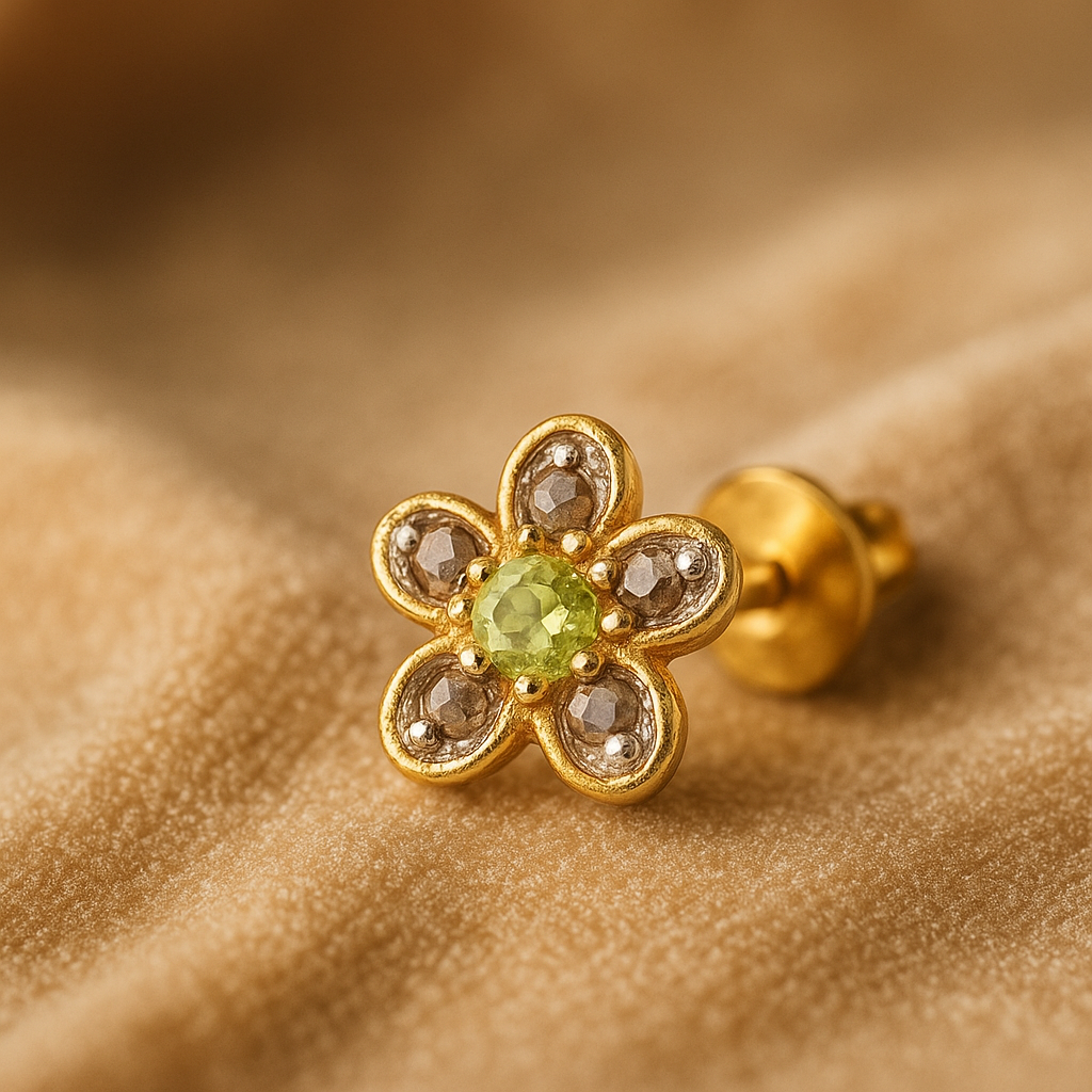 Peridot & Pearl Flower Cluster Stud Earrings.
