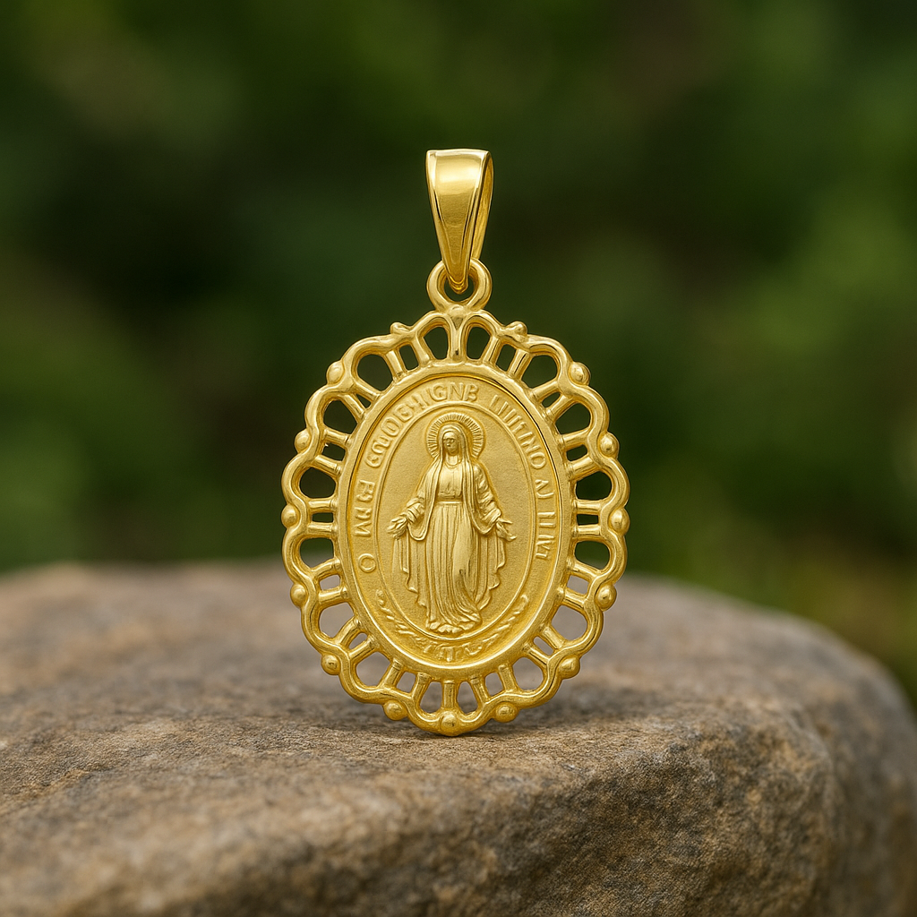 14K Solid Yellow Gold Our Lady of Graces Medallion Pendant