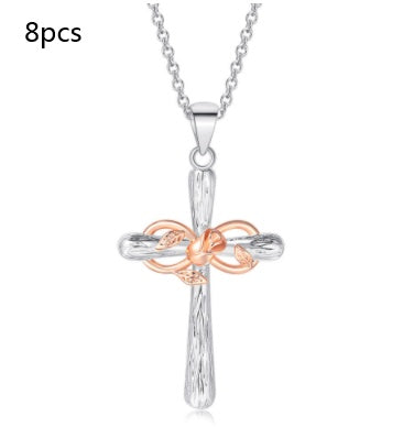 Faith Cross Rose Gold Flower Lucky 8 Charm Pendant Necklace