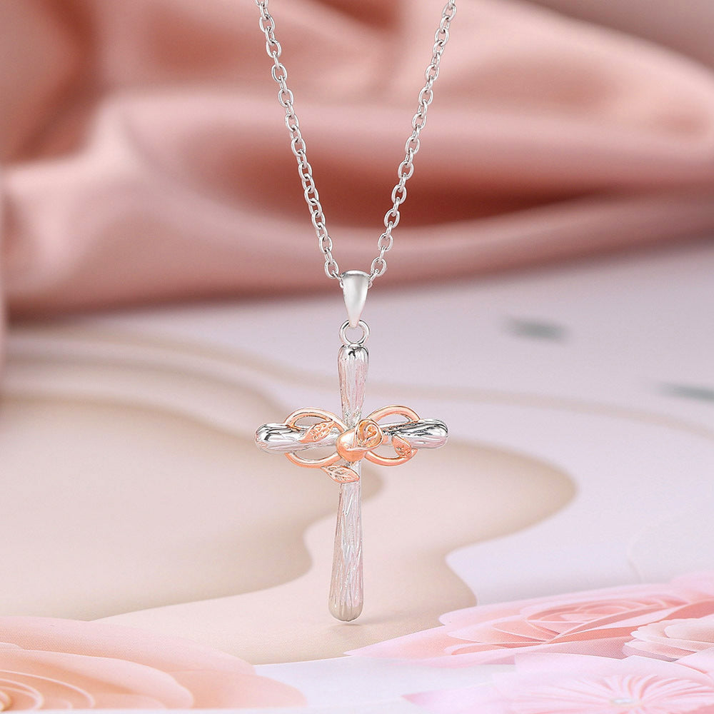 Faith Cross Rose Gold Flower Lucky 8 Charm Pendant Necklace