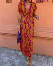 Abigail™ Chic Leaf Print V-Neck Dress