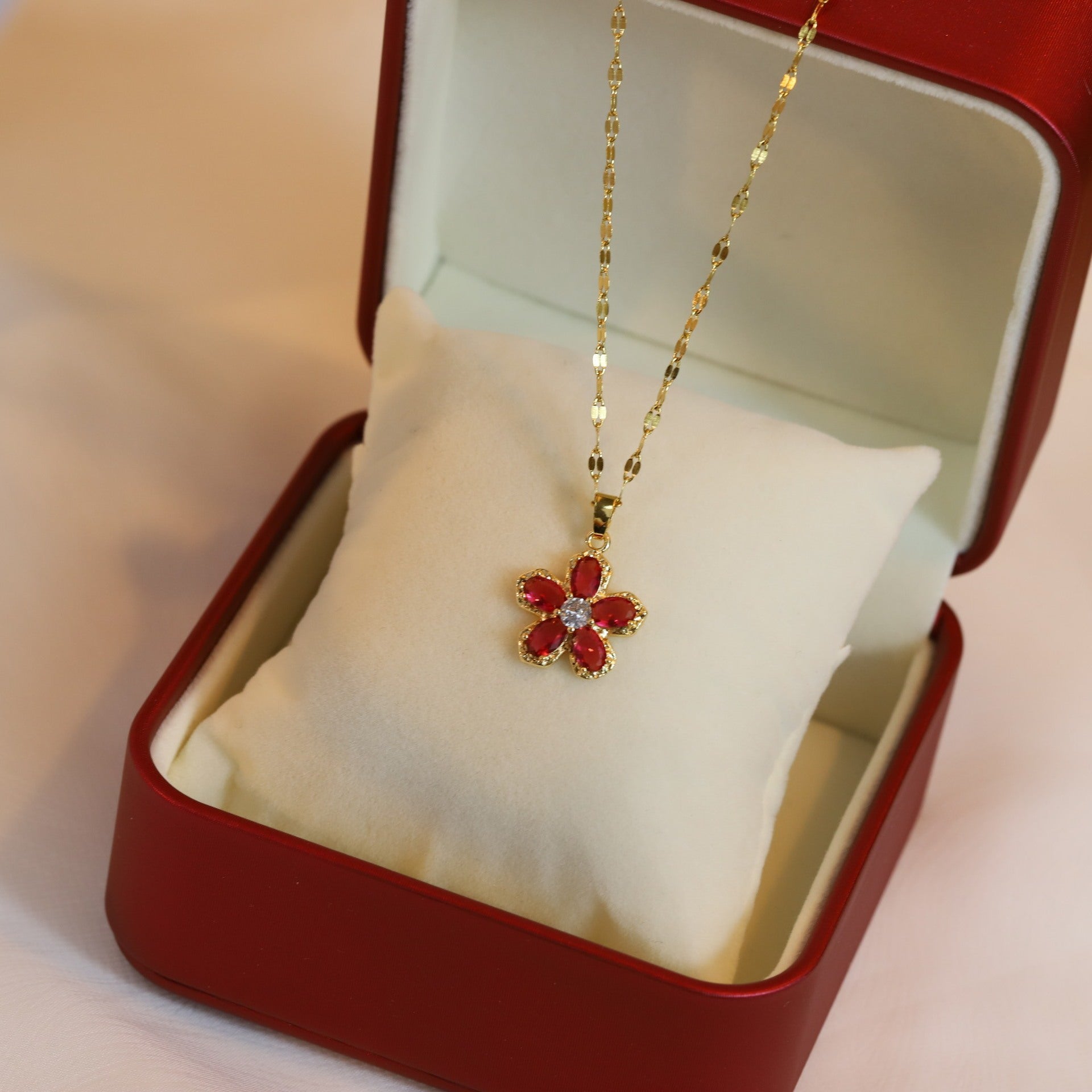Red Flower Pendant Real Gold Electroplated Necklace
