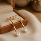 Elegant 18K gold drop earrings with pear-shaped clear gemstones, crafted in Peru, displayed in a wooden jewelry box.