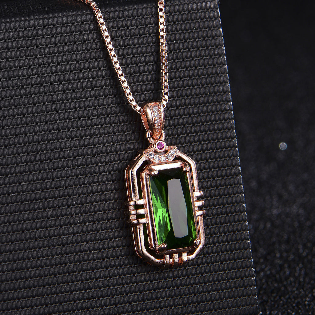 Rectangular Simulation Emerald 18K Rose Gold Color Treasure Pendant Necklace For Women