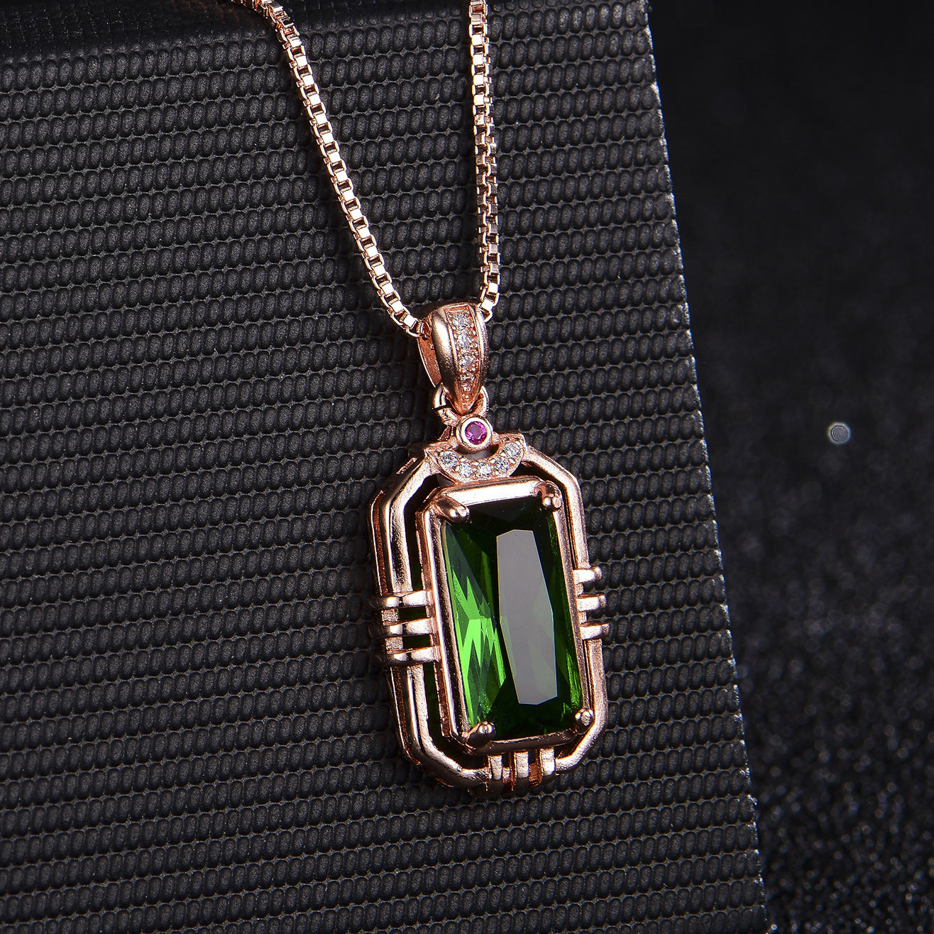Rectangular Simulation Emerald 18K Rose Gold Color Treasure Pendant Necklace For Women