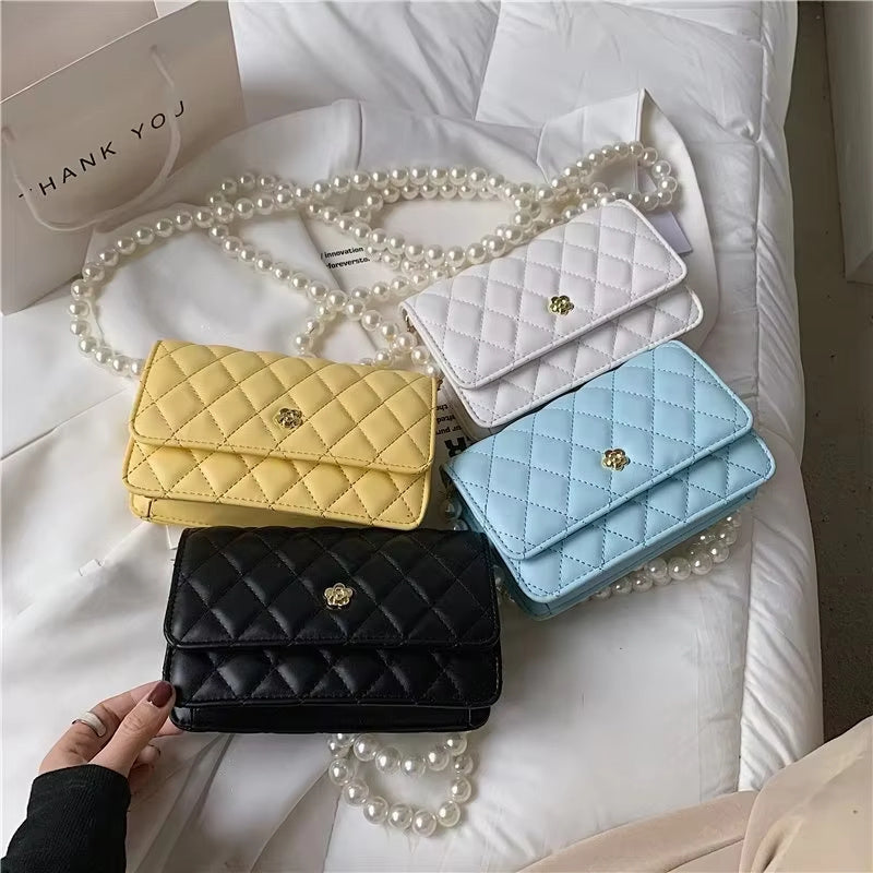 Diamond Grid Pearl Chain Cross-body Bag
