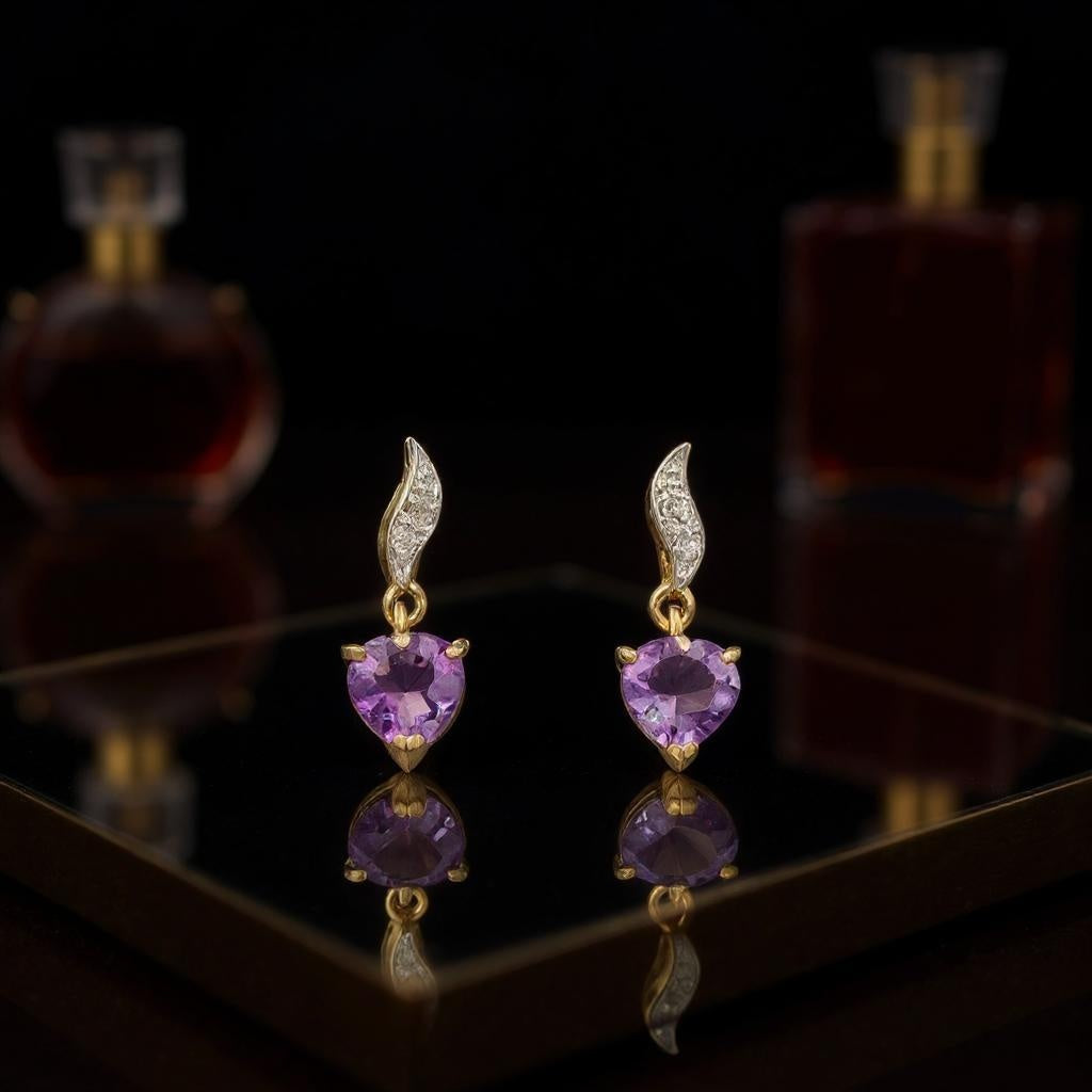 Gorgeous Womens 18K Yellow Gold Over Solid Sterling Silver Diamonds and 1.1CTW Amethyst Designer Earrings.