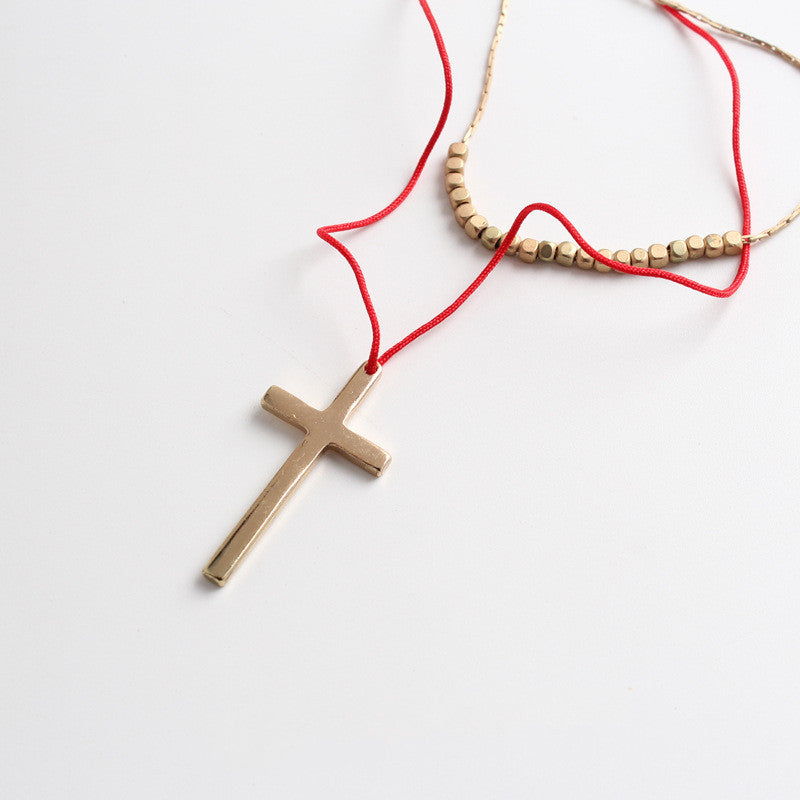 Textured Matt Gold Cross Double Layer Necklace Sweater Chain