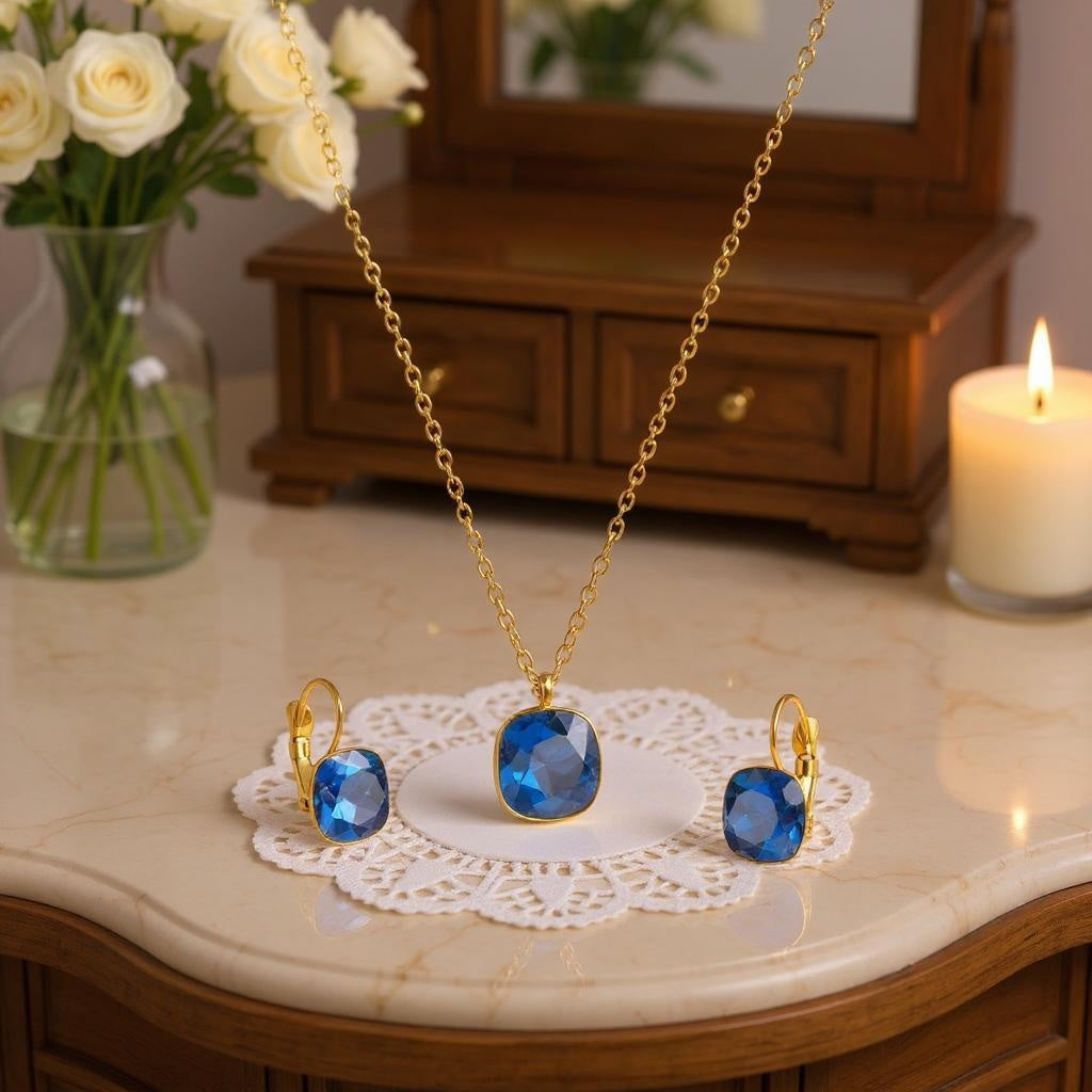 18K Yellow Gold Over Stainless Steel - Blue Crystal - 17 Inch Necklace and Earrings