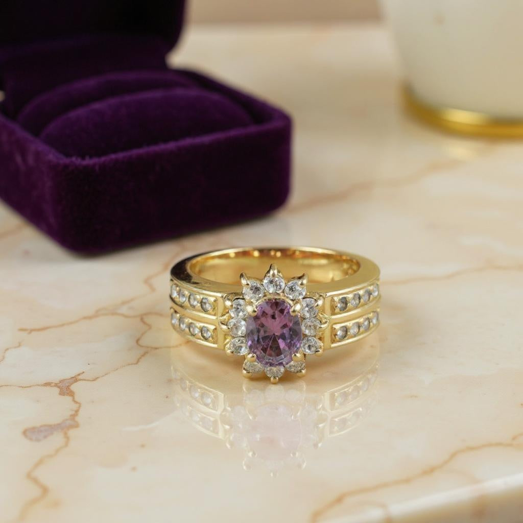 18K yellow gold ring with Peruvian-style etchings and purple gemstone centerpiece, size 8.5