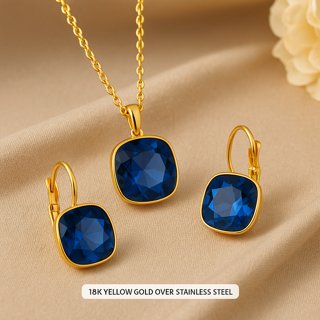 18K Yellow Gold Over Stainless Steel - Blue Crystal - 17 Inch Necklace and Earrings