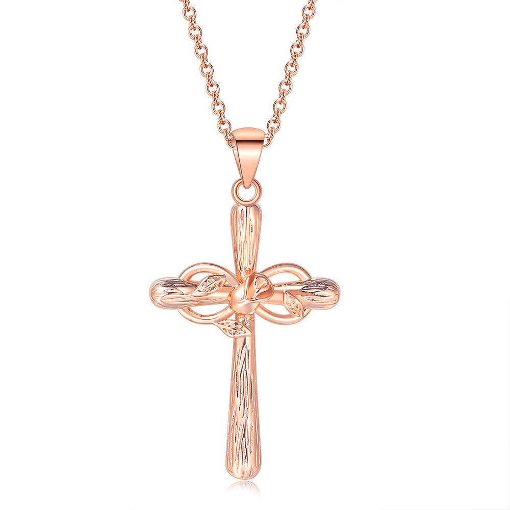Faith Cross Rose Gold Flower Lucky 8 Charm Pendant Necklace