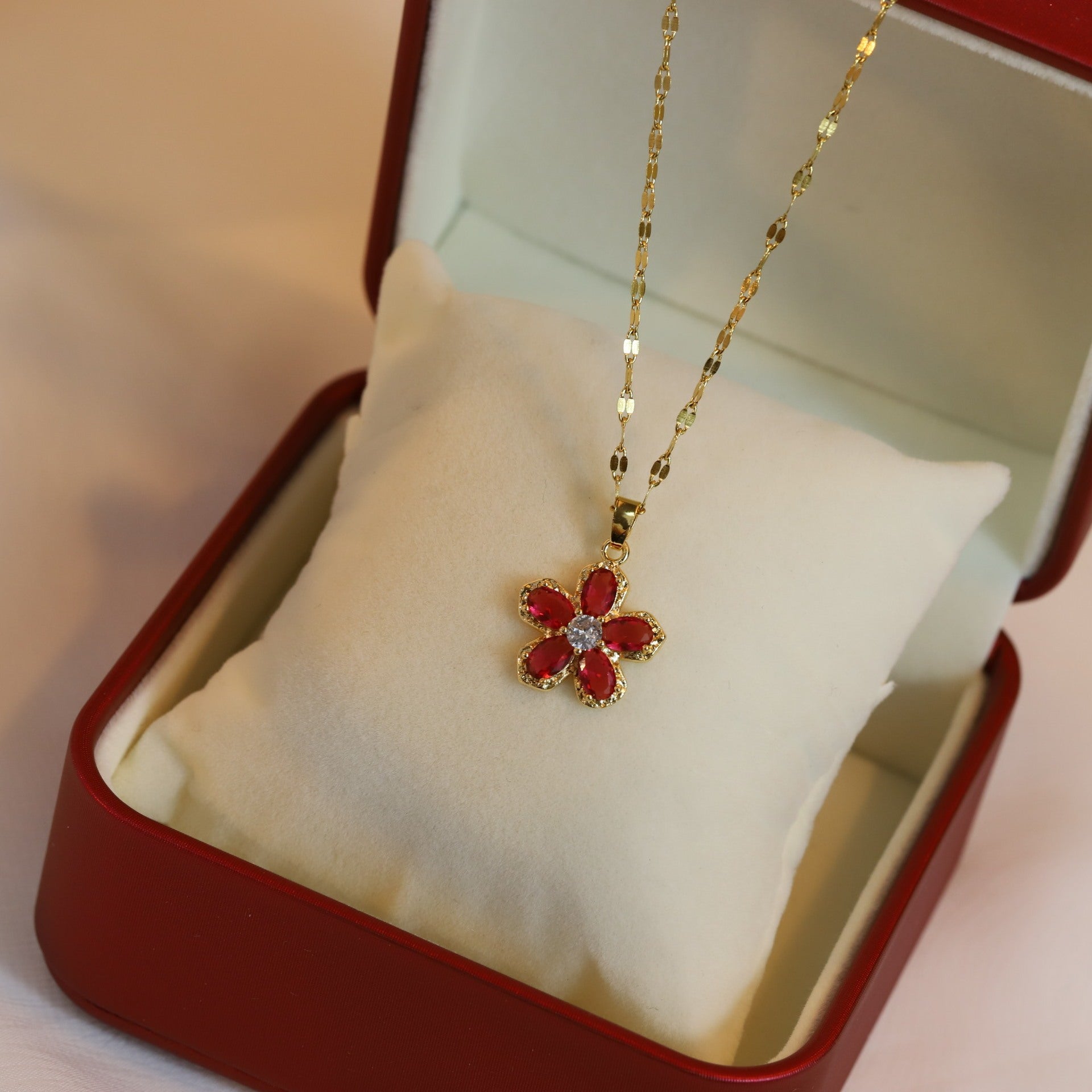 Red Flower Pendant Real Gold Electroplated Necklace