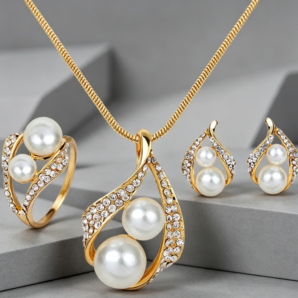 Three-piece Set Of Earrings Necklaces  Rings  And Pearls
