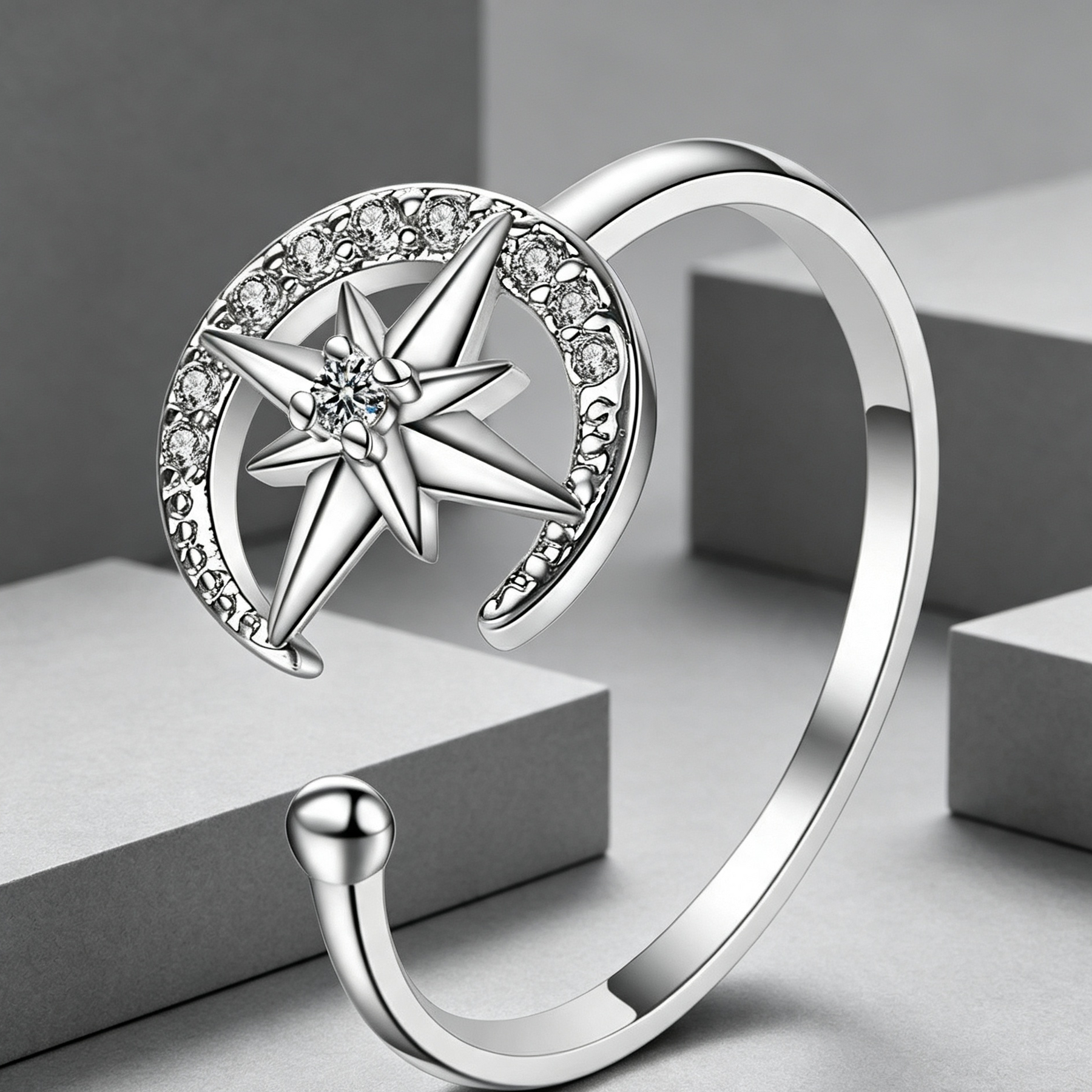 Stile Giapponese Di Donna Semplice Diamante In Linea Stella Luna Aperto Anello Di Moda Singolo Anello Di Moda