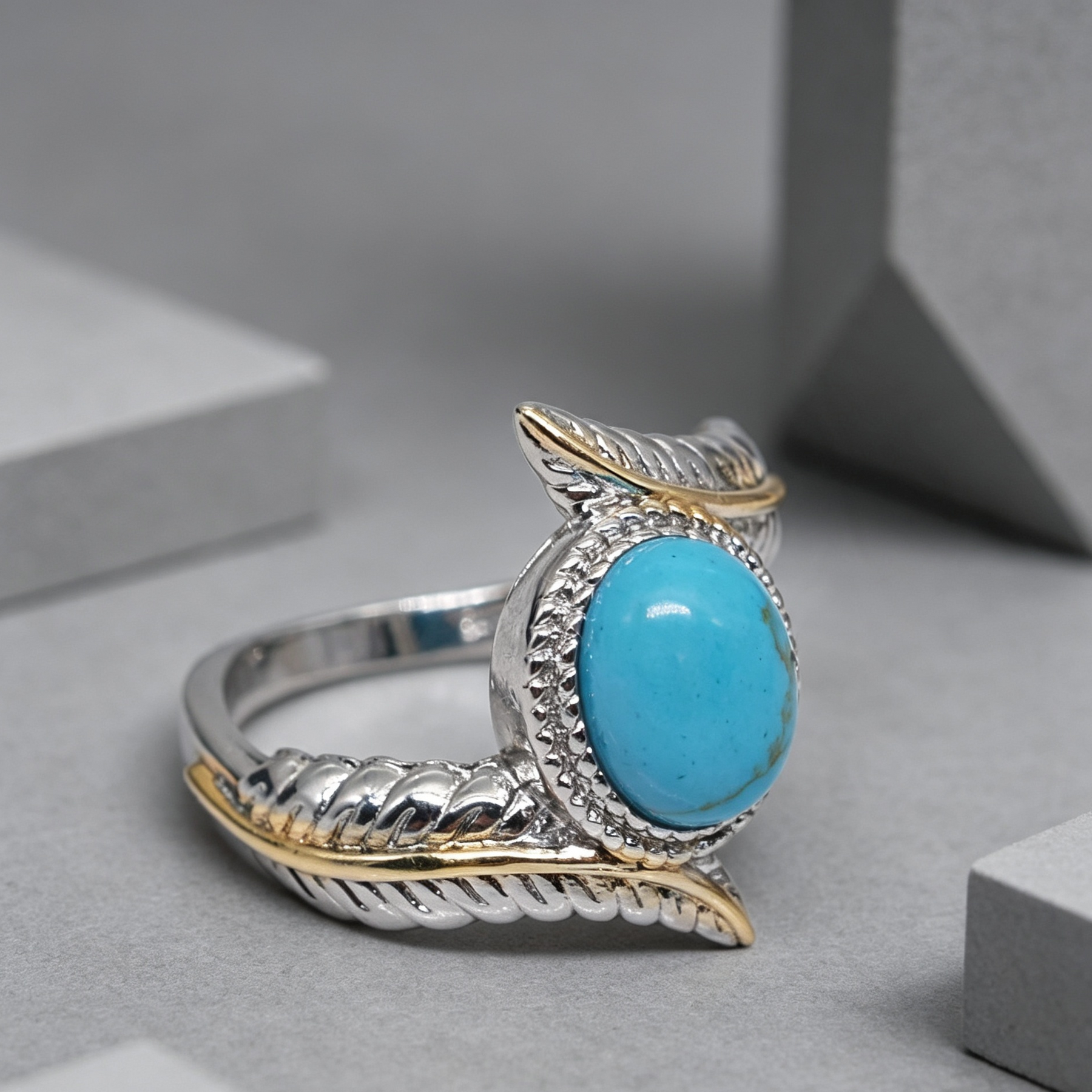 Zhen Rong wish hot selling new products, European and American extravagant inlaid Green Turquoise feather ring color ring party engagement ring