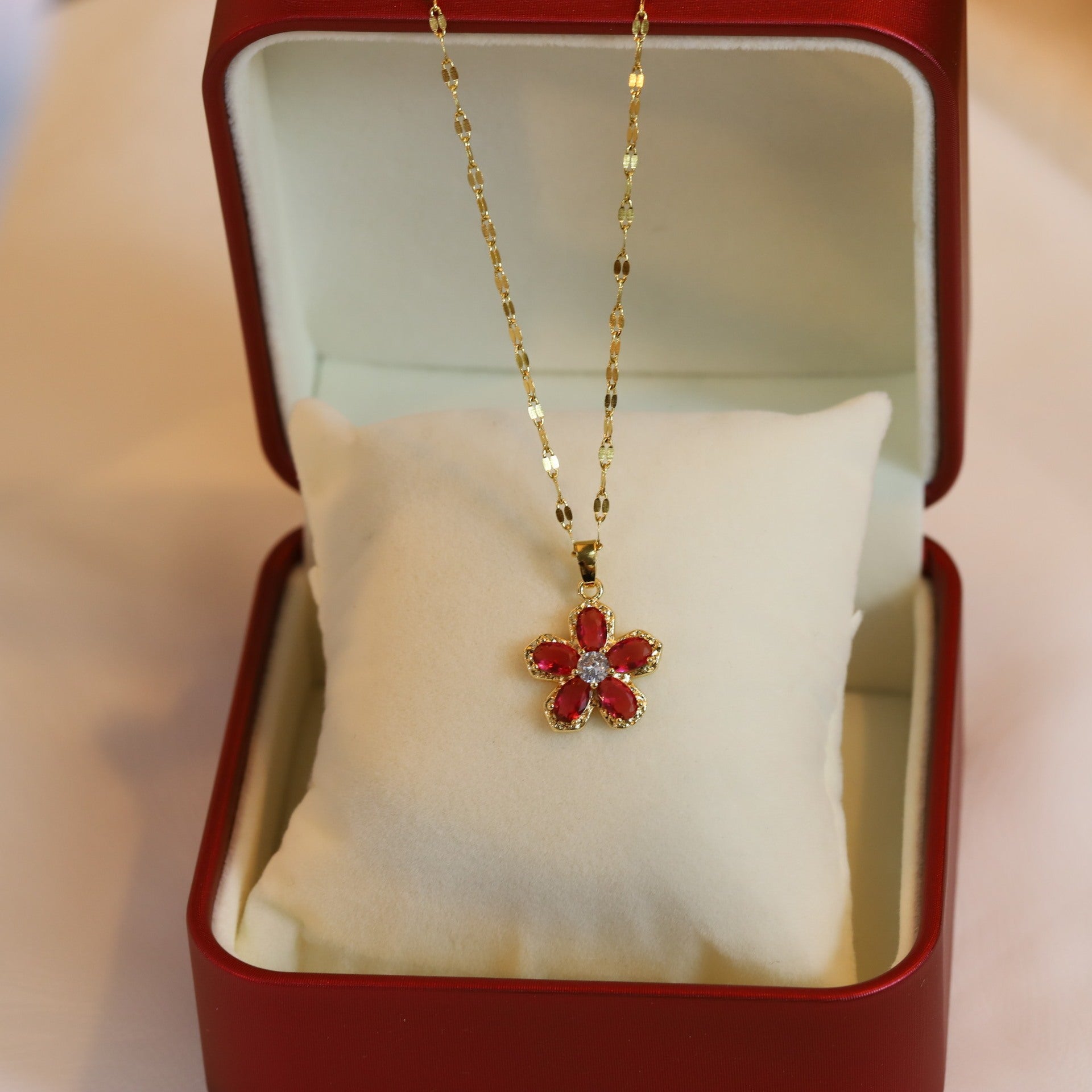 Red Flower Pendant Real Gold Electroplated Necklace