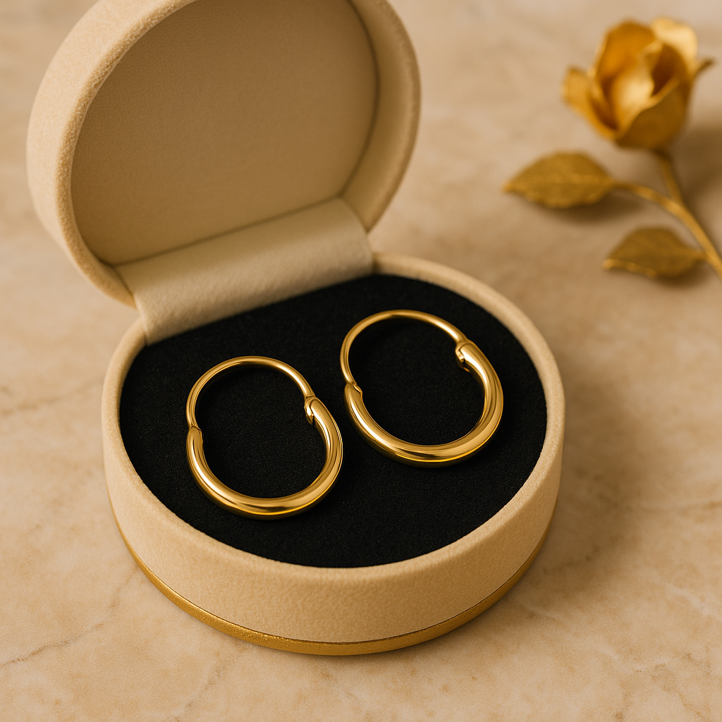 Handcrafted 18K yellow gold hoop earrings in beige velvet jewelry box with golden decorative rose on marble surface