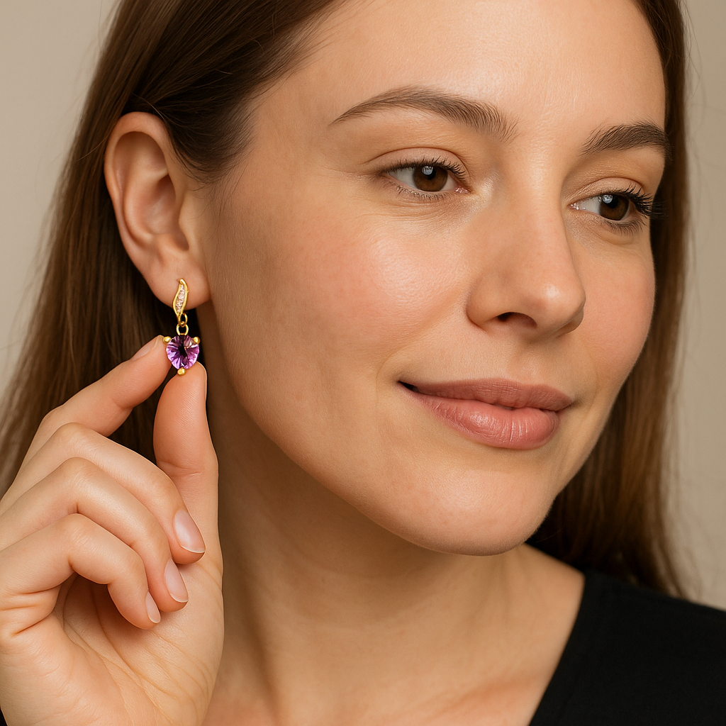 Gorgeous Womens 18K Yellow Gold Over Solid Sterling Silver Diamonds and 1.1CTW Amethyst Designer Earrings.