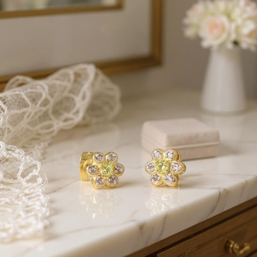 Peridot & Pearl Flower Cluster Earrings