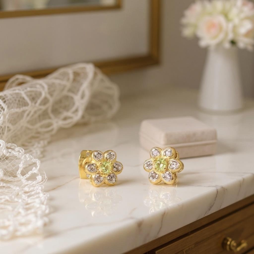 Peridot & Pearl Flower Cluster Stud Earrings.