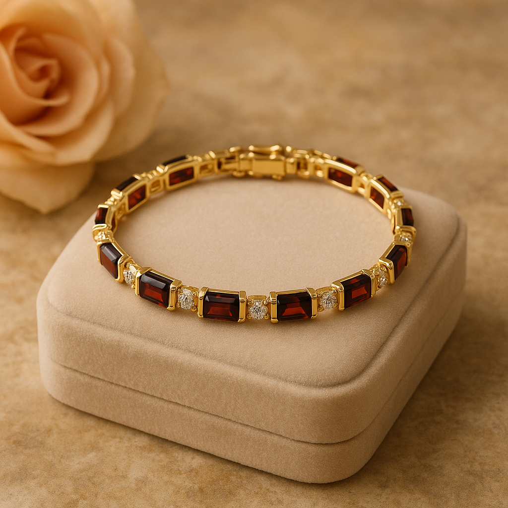 Bracelet - Women’s 18K Yellow Gold Over Sterling Silver Garnet & Diamond Bracelet – 7.4 Inch