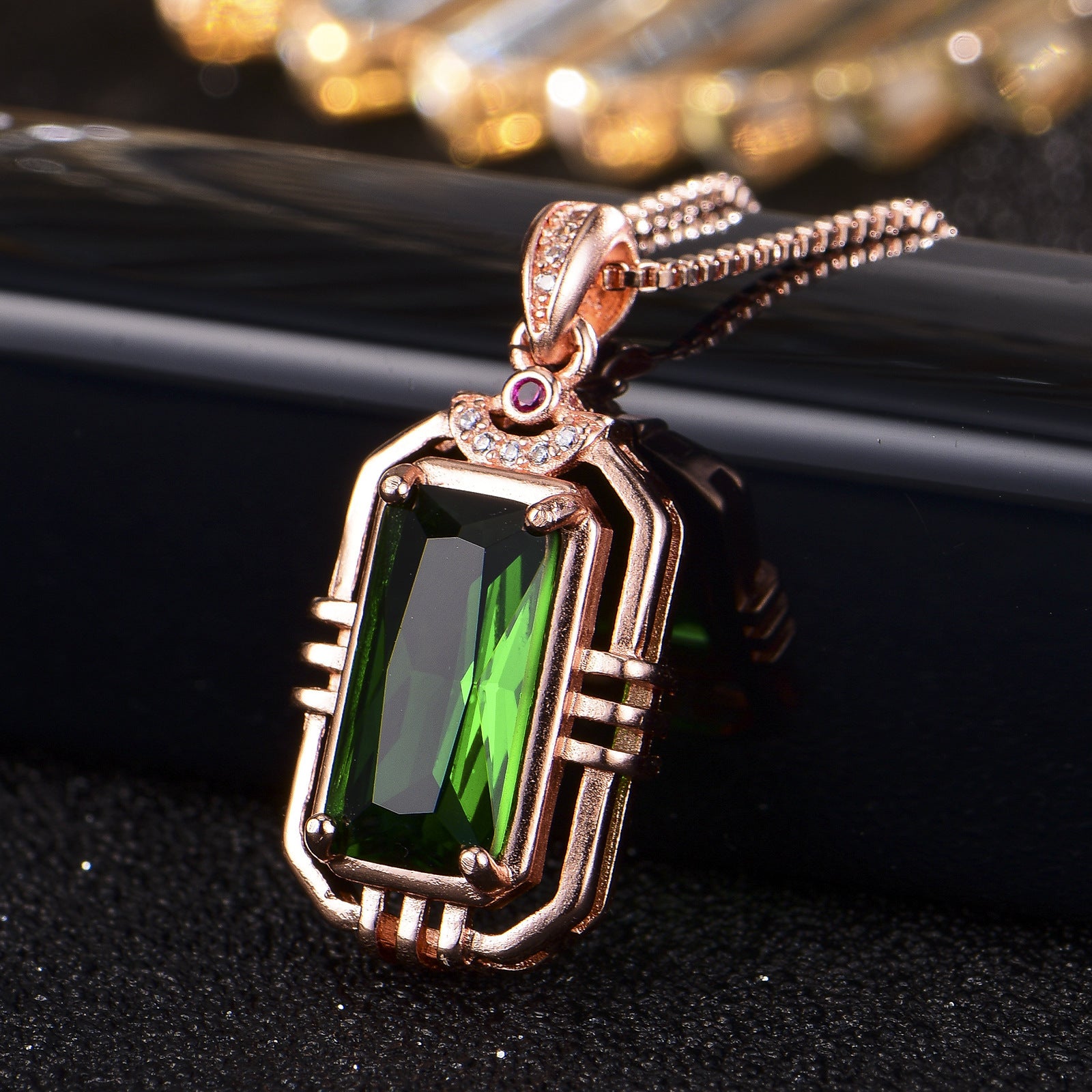 Rectangular Simulation Emerald 18K Rose Gold Color Treasure Pendant Necklace For Women