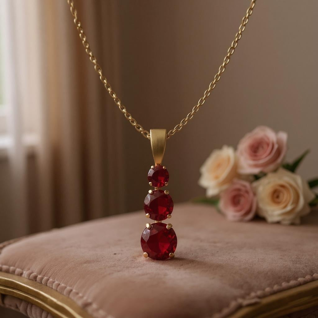 Solid 14K Italian Yellow Gold Diamond & Ruby Designer Necklac