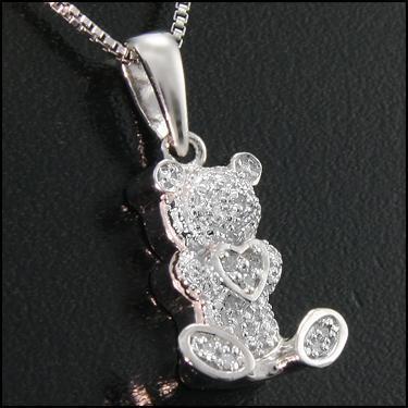 Beautiful Women’s 14K White Gold Over Sterling Silver Diamond Bear Holding Heart Necklace – 18"