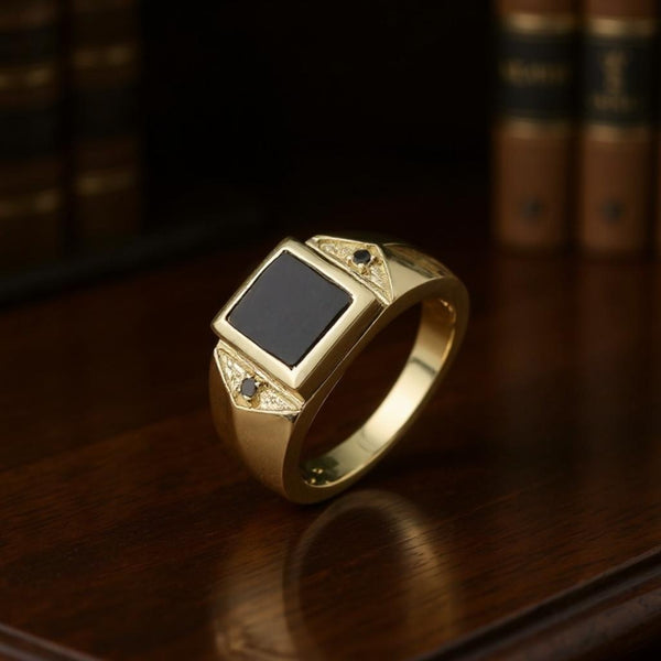 Man's 14k Gold Black Onyx And Diamond Ring