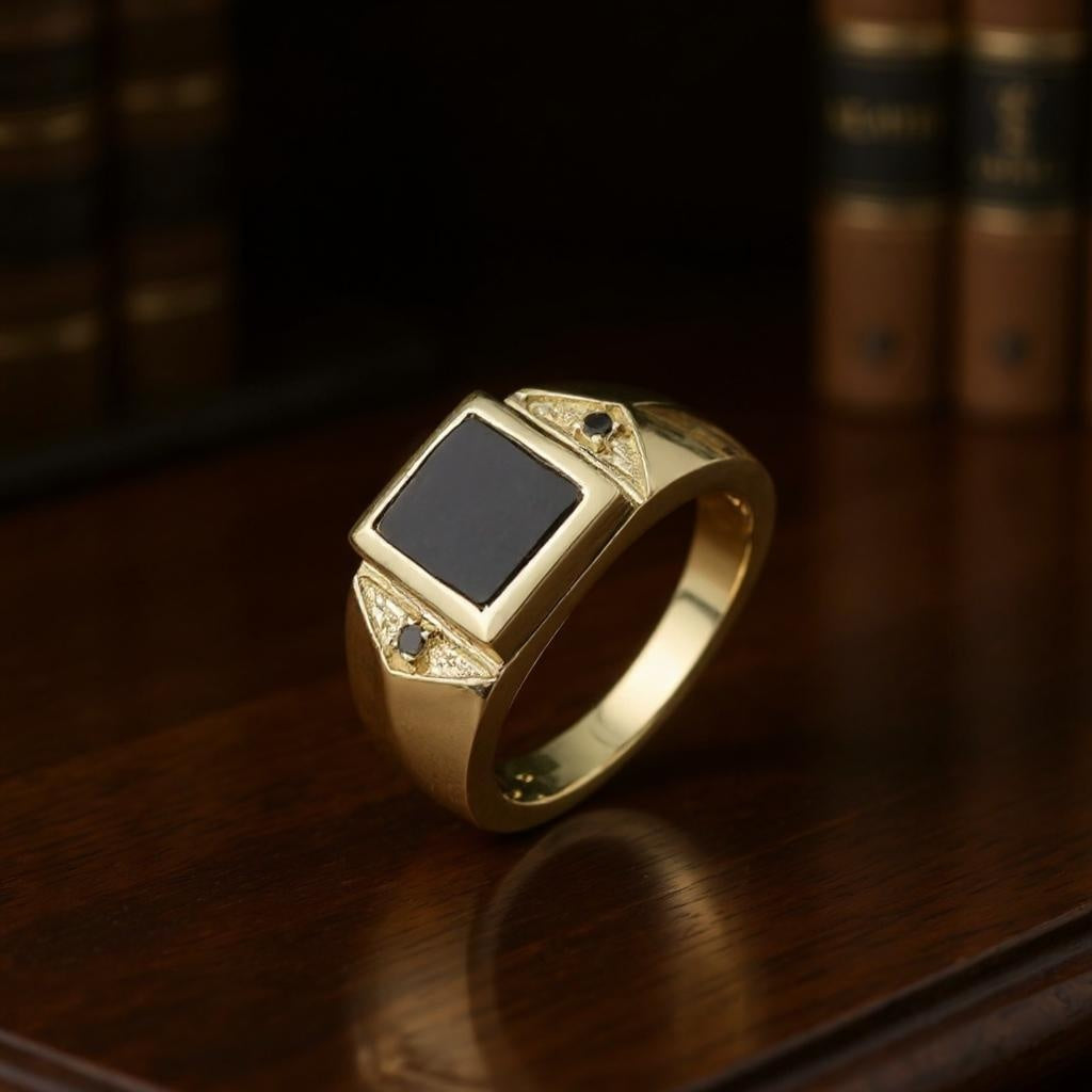 Man's 14k Gold Black Onyx And Diamond Ring