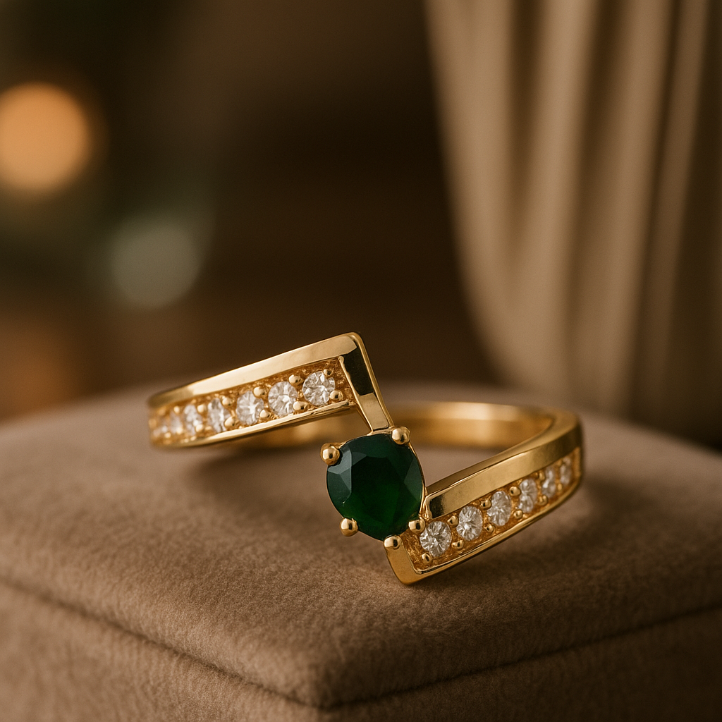 18K yellow gold ring with a central emerald green gemstone and white zircon accents in a classic prong setting