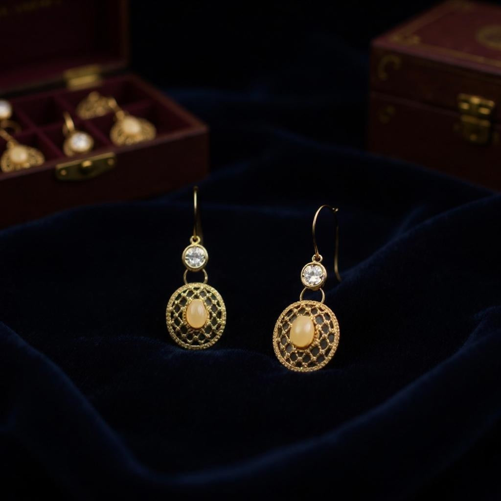 18K Yellow Gold Over Sterling Silver Diamond Opal Earrings and Necklace Designer Set