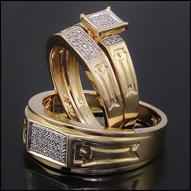 Gorgeous Unisex 14K Yellow Gold Over Sterling Silver Diamond Three-Piece Engagement Ring Set – Size 7 & Men’s Size 11