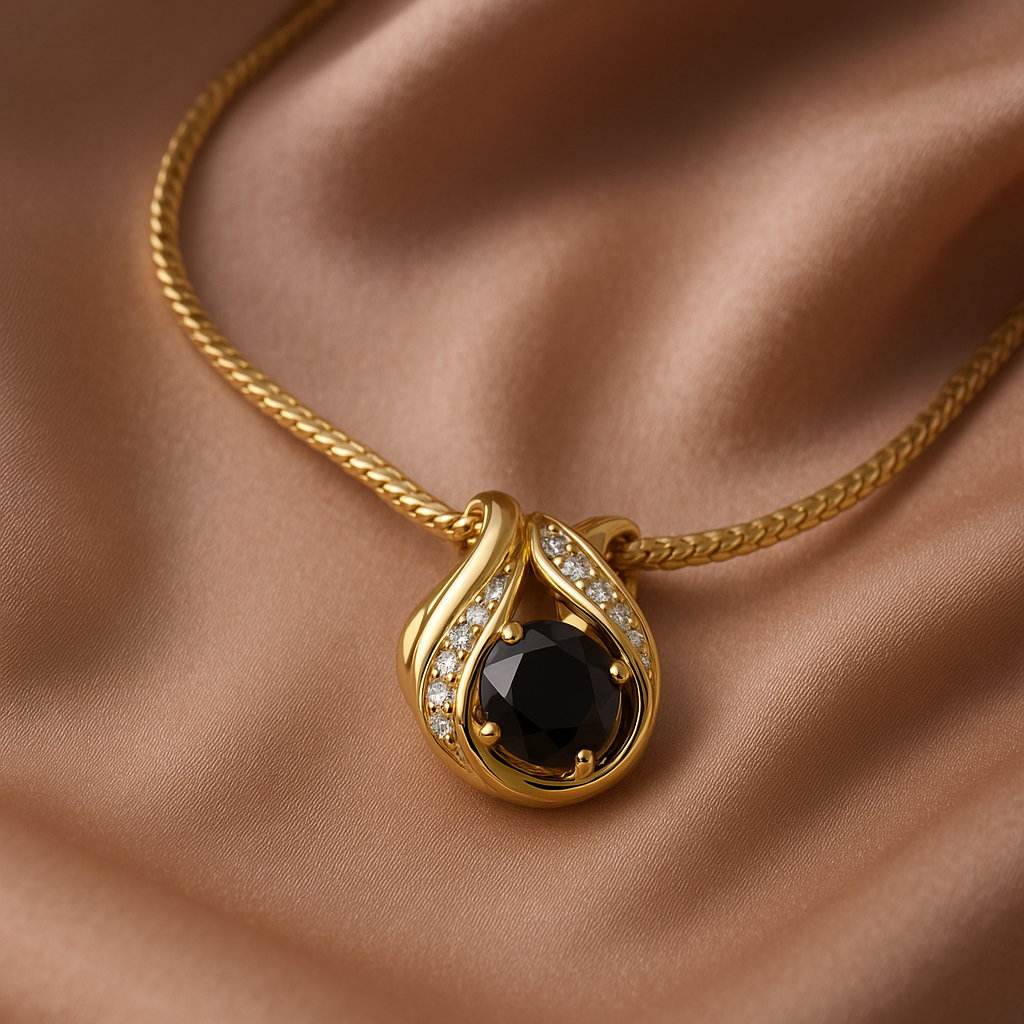 18K Yellow Gold Over Sterling Silver Diamond & Black Sapphire Necklace